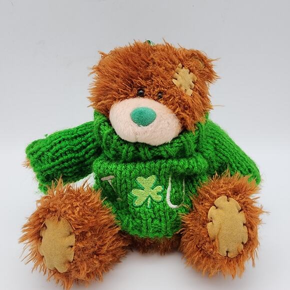 Vtg Irish Softies Patchwork Teddy Bear Plush Ornament 6" Green Shamrock Sweater - Picture 1 of 10